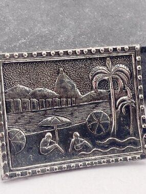 ANTIQUE Egyptian beach travel scene stamped aged silver tone metal brooch pin